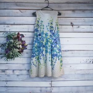 Brilliant Studio One NY white dress with lace overlay and blue/green floral Sz 6